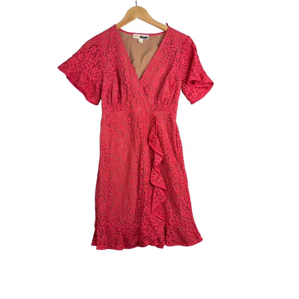 Michael Kors Lace Ruffle Faux Wrap Dress size XS Coral Pink